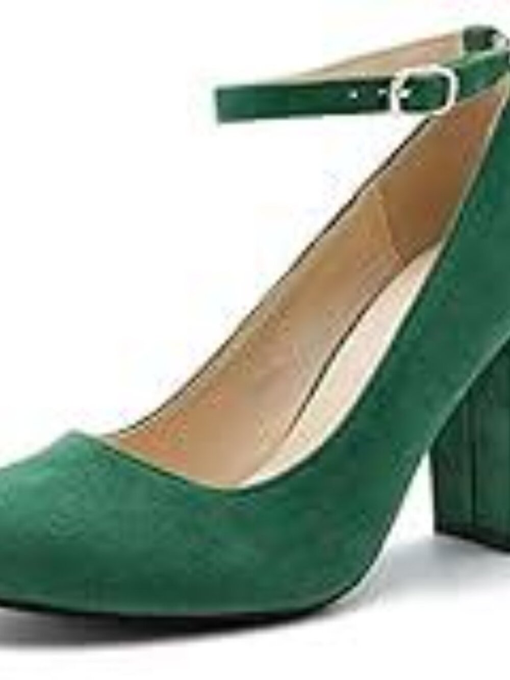 Fereshte Green Faux Suede Ankle Strap Block Heel Pumps